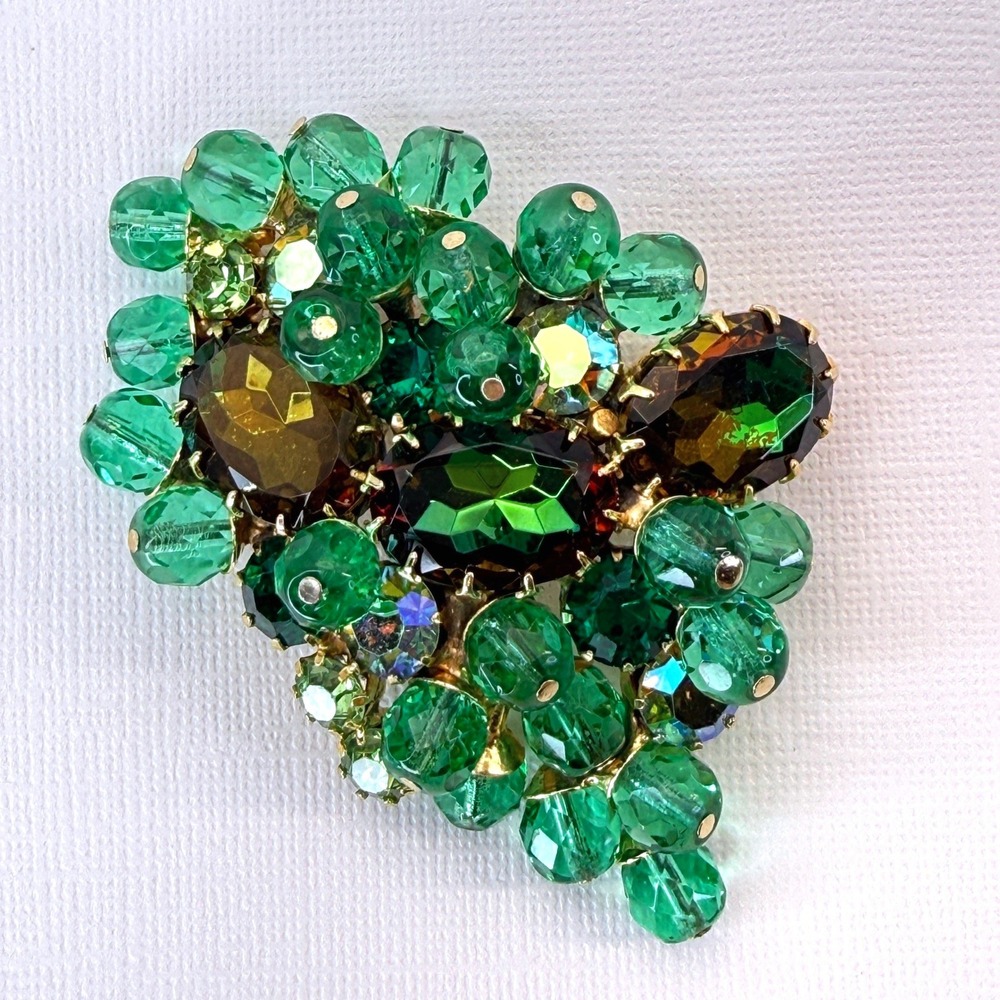 Vintage Green Crystal Bead Brooch Gold Tone Amber Rhinestone Cluster Pin